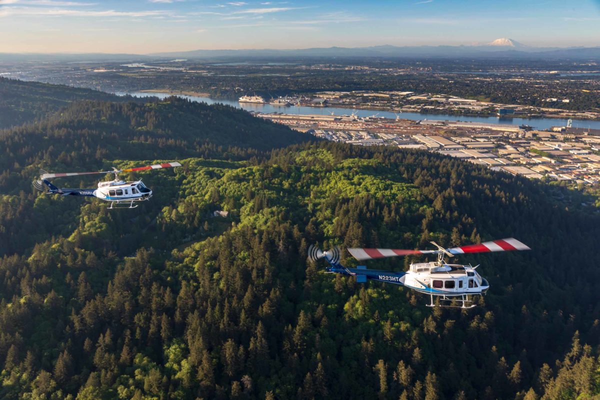 helicopters flying over forest, river, and city